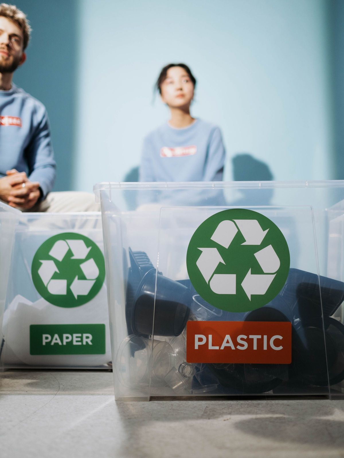 Labelled paper and plastic recycling bins